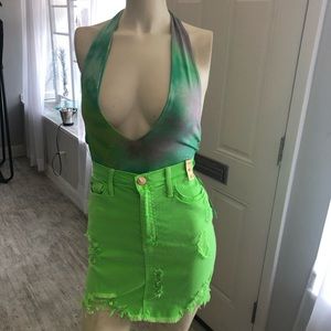 Distress green denim skirt
